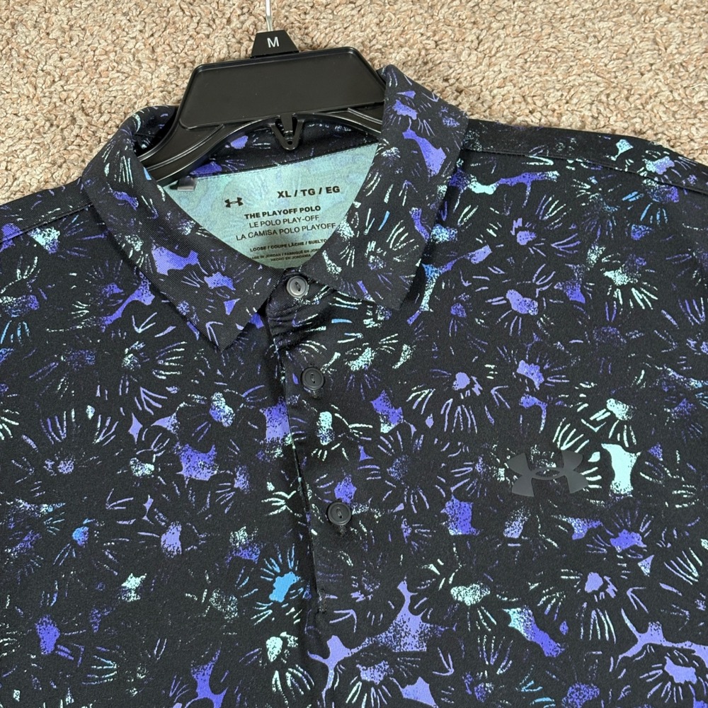 Under Armour Mens Playoff Polo Black Purple Floral Abstract Golf Shirt XL Loose
